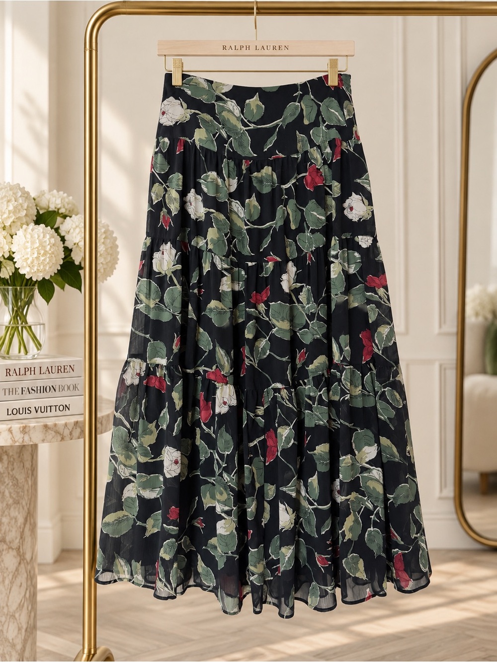 Lauren Ralph Lauren Black Floral Tiered Maxi Skirt Size 2